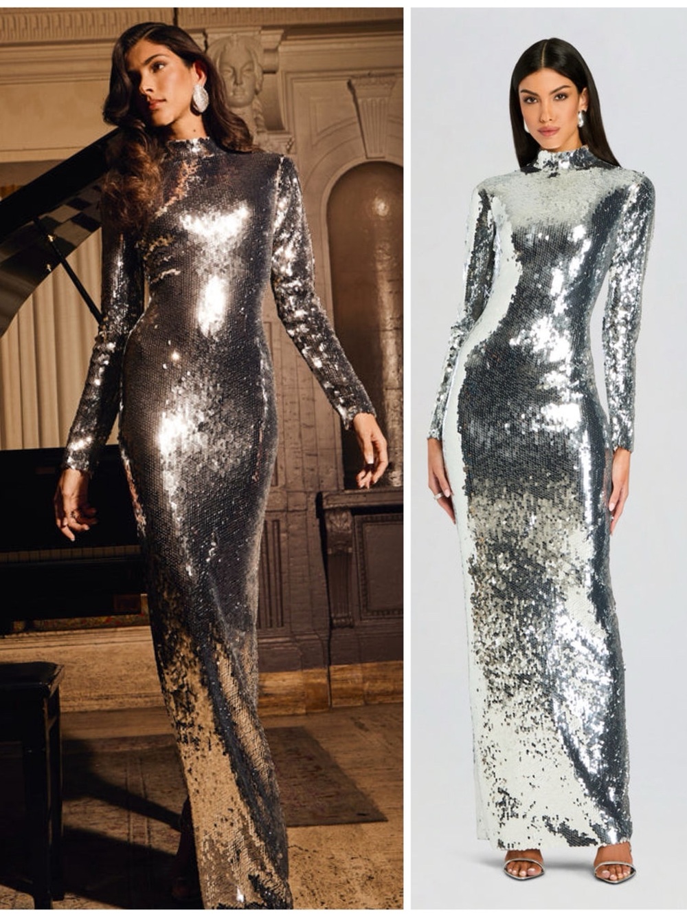NWT Retrofete Lucia Silver Sequin Long Sleeve Maxi Long Dress Size Small